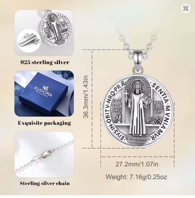 Medalla de San Benito de Plata Legítima .925. Cadena y dije de Protección Energética. Una Pieza con Alma Cuidada al Detalle.