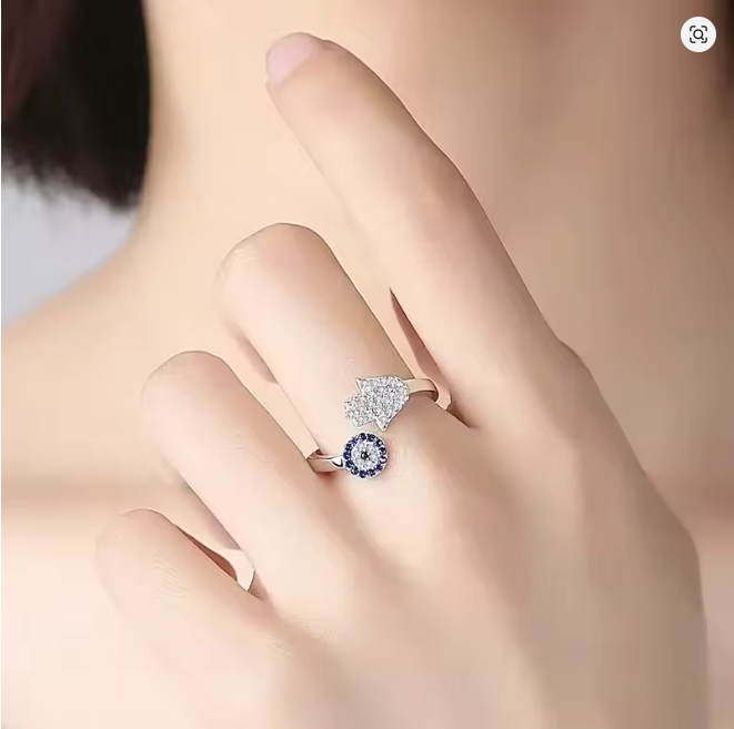 Anillo Protector "Doble Amuleto": Mano de Fátima y Ojo Turco en Plata de Ley 925. Diseño Ajustable con Cristales, Joyería con Intención y Estilo