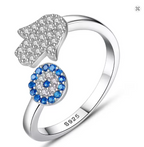 Anillo Protector "Doble Amuleto": Mano de Fátima y Ojo Turco en Plata de Ley 925. Diseño Ajustable con Cristales, Joyería con Intención y Estilo