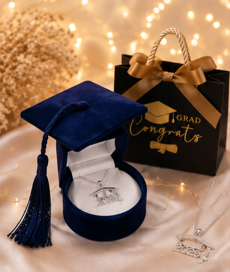 Legado de Graduación, un recuerdo para toda la vida; cadena de Plata 925, dije de graduación Plata 925, elegante caja aterciopelada y bolsa de regalo de graduación. El regalo perfecto para celebrar un logro inolvidable