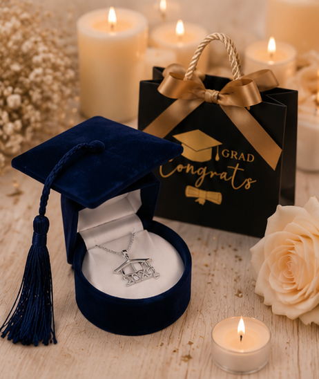 Legado de Graduación, un recuerdo para toda la vida; cadena de Plata 925, dije de graduación Plata 925, elegante caja aterciopelada y bolsa de regalo de graduación. El regalo perfecto para celebrar un logro inolvidable