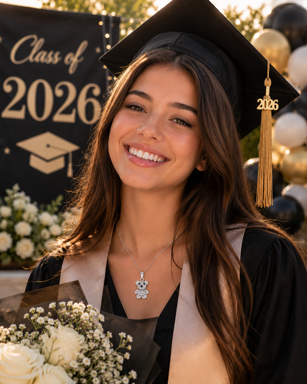 El Regalo Perfecto para su Graduación: Collar de Osito en Plata 925 con Zirconias, Cajita de Terciopelo y Bolsa de Graduación que Guardará para Siempre