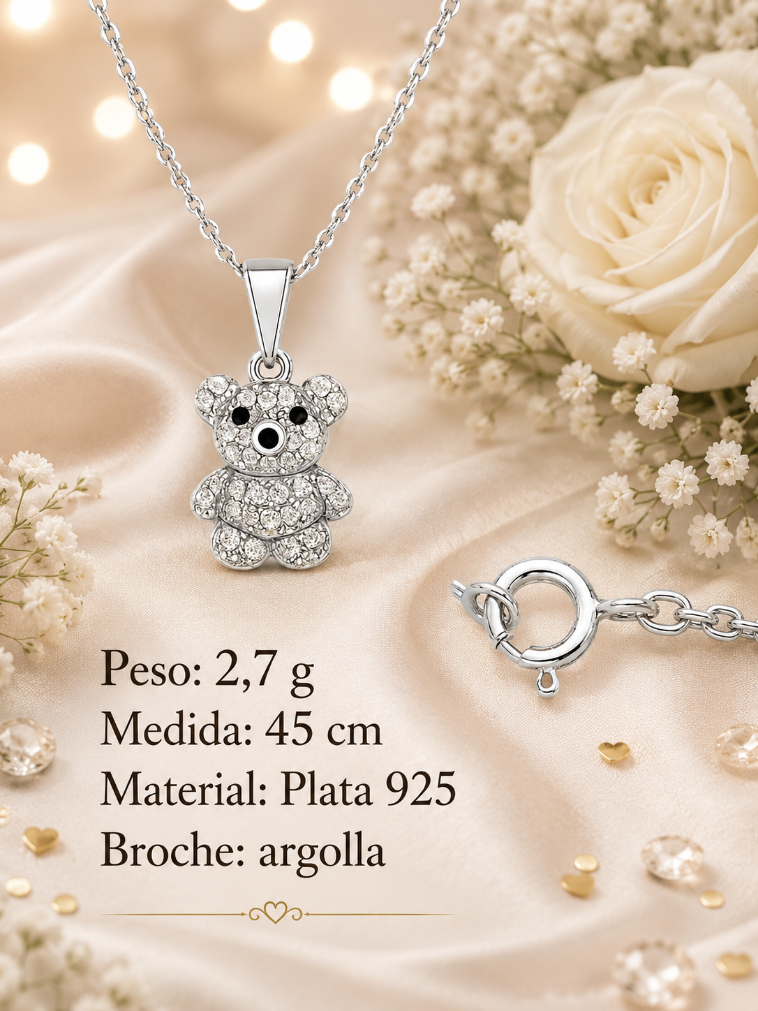 El Regalo Perfecto para su Graduación: Collar de Osito en Plata 925 con Zirconias, Cajita de Terciopelo y Bolsa de Graduación que Guardará para Siempre