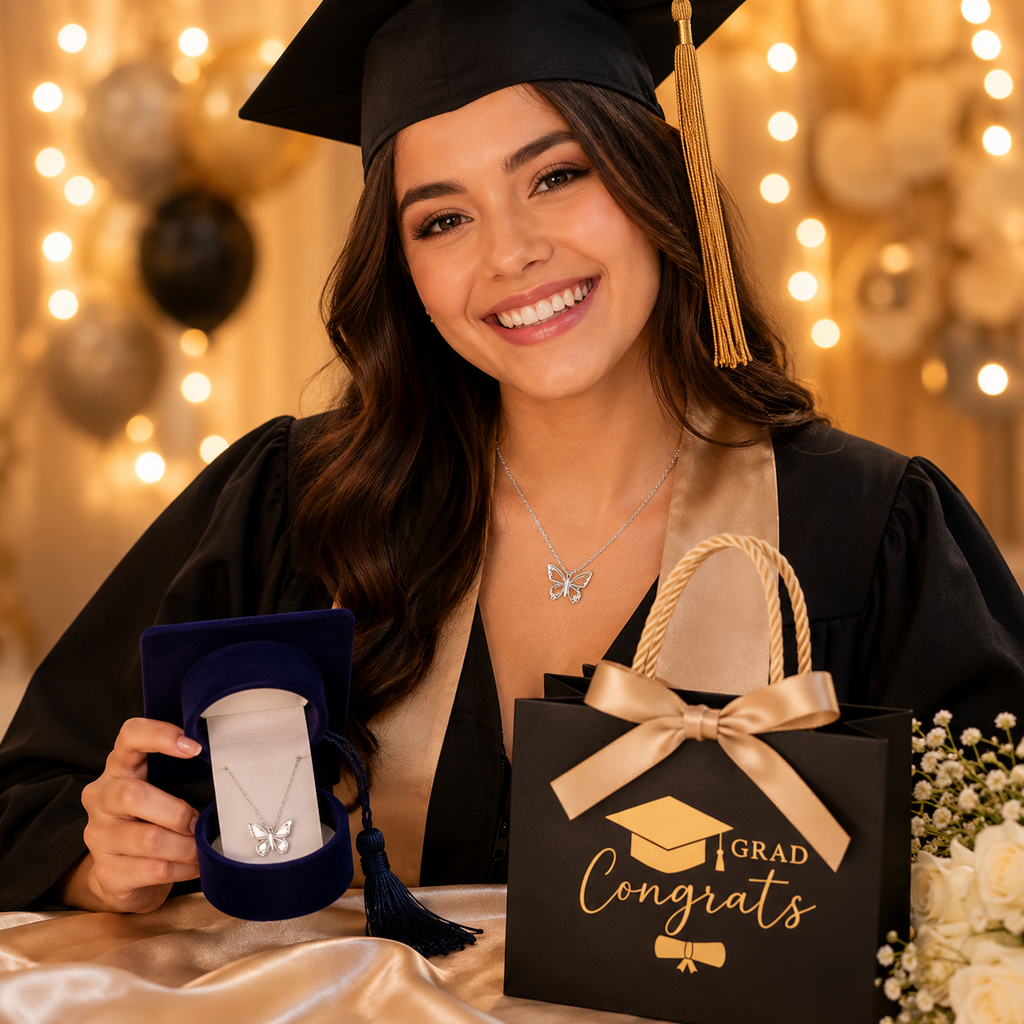 Un Símbolo de Transformación y Éxito: Collar de Mariposa en Plata 925 con Cajita de Terciopelo y Bolsa de Graduación de Lujo